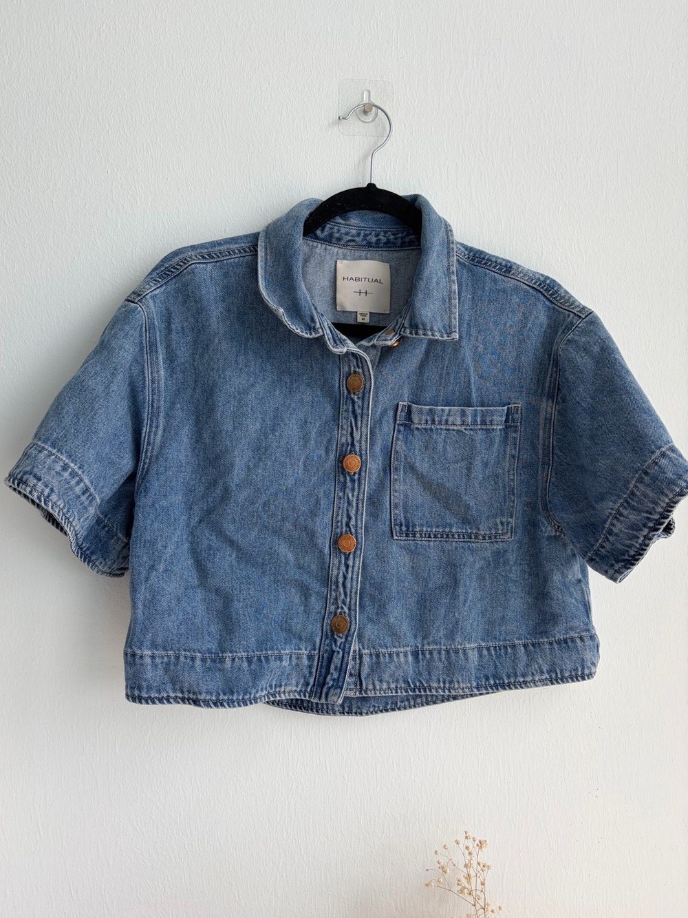 Habitual Cropped Denim Button Up Shirt Boxy Short Sleeve M